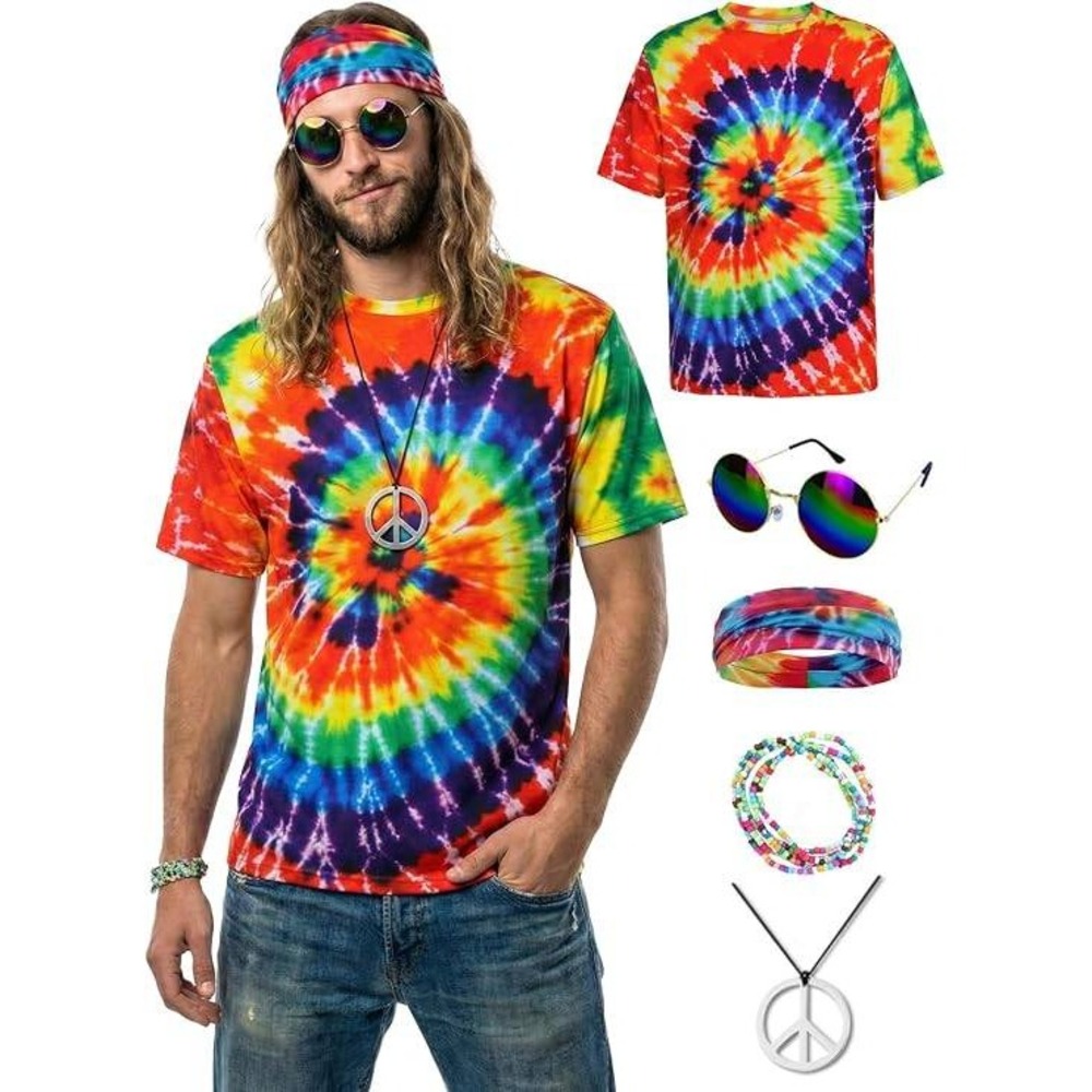 Mens Hippie Costume Set 70s 60s Tie Dye Shirt Sunglasses Peace Necklace 3XL